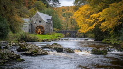 Historic watermill with a giant wooden wheel turning in a gentle river.