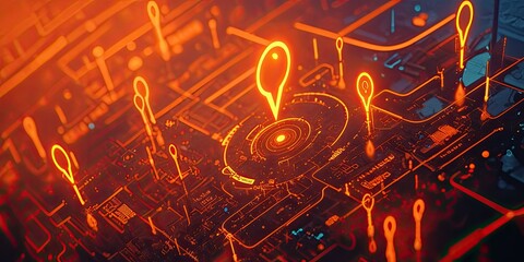 Network map glowing location pins futuristic digital background
