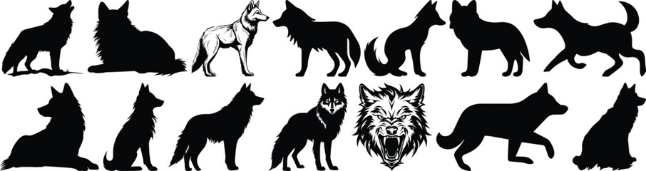 Wolf silhouettes set, animal pack of vector silhouette design, isolated background