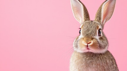 Fototapeta premium Photo of a little bunny, on a soft pink background Easter theme