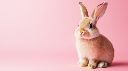 Obraz premium Photo of a little bunny, on a soft pink background Easter theme