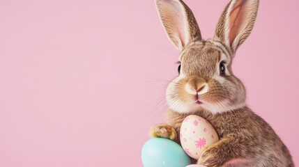 Obraz premium Photo of a little bunny, on a soft pink background Easter theme
