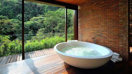 Fototapeta premium Lavish open-air bathtub in a private villa surrounded by lush greenery.