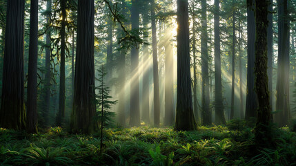 Naklejka premium Tranquil forest scene with golden sunlight filtering through trees