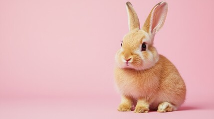 Obraz premium Photo of a little bunny, on a soft pink background Easter theme