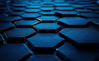 Fototapeta premium Abstract hexagonal shapes in dark blue tones creating a modern textured background for technology, innovation, digital art, or design purposes
