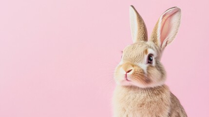 Obraz premium Photo of a little bunny, on a soft pink background Easter theme