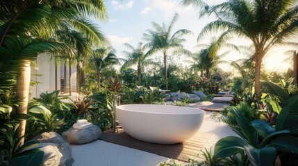 Fototapeta premium Lush private garden villa with an outdoor bathtub surrounded by tropical plants.