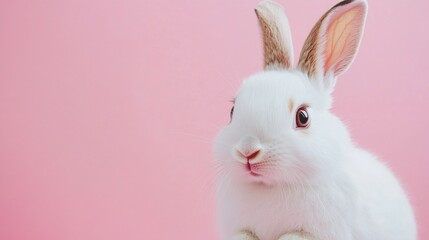Obraz premium Photo of a little bunny, on a soft pink background Easter theme