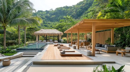 Fototapeta premium Lush tropical wellness resort with an open-air yoga pavilion and palm trees.