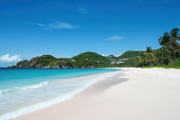Fototapeta premium Turquoise water gently lapping on pristine pink sand beach in tropical paradise