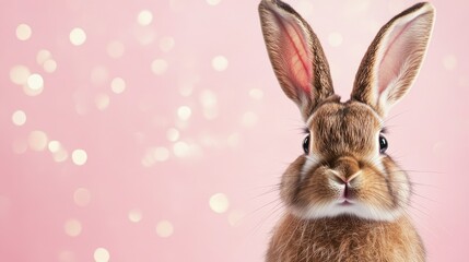 Fototapeta premium Photo of a little bunny, on a soft pink background Easter theme