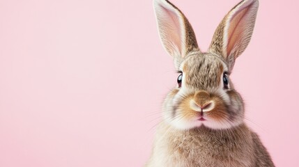 Obraz premium Photo of a little bunny, on a soft pink background Easter theme
