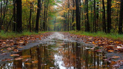 Rain-soaked forest with shimmering leaves and tranquil ambiance