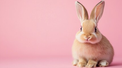 Obraz premium Photo of a little bunny, on a soft pink background Easter theme