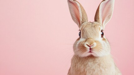 Obraz premium Photo of a little bunny, on a soft pink background Easter theme