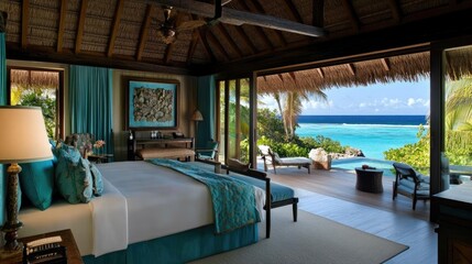 Obraz premium Luxury resort room with modern furniture, plush bed, and ocean view from the window.