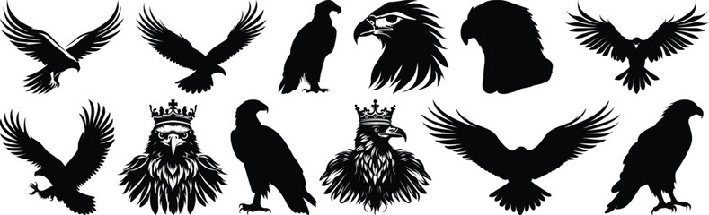 Eagle silhouettes set, bird pack of vector silhouette design, isolated background