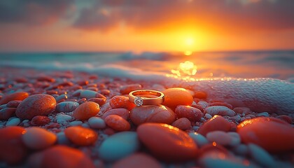 Rings on pebbles at beach sunset