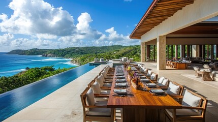 Fototapeta premium Modern resort outdoor dining area with a long wooden table and scenic vistas.