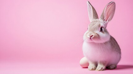 Obraz premium Photo of a little bunny, on a soft pink background Easter theme