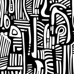 black and white pattern featuring thick lines and simple organic shapes. 