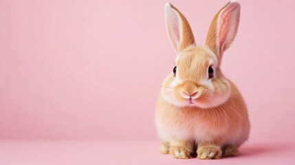 Obraz premium Photo of a little bunny, on a soft pink background Easter theme