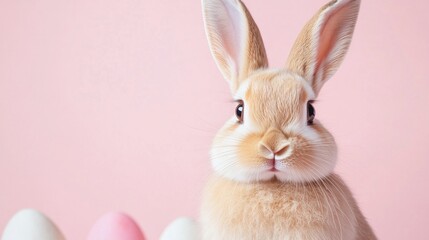 Obraz premium Photo of a little bunny, on a soft pink background Easter theme