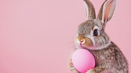 Fototapeta premium Photo of a little bunny, on a soft pink background Easter theme