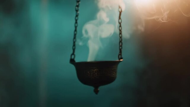 Smoking incense burner hanging on chains. Traditional metal censer with rising smoke. Atmospheric ritual object for meditation and aromatherapy