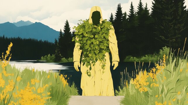 Mysterious figure in a yellow raincoat, camouflaged with greenery, stands by a tranquil lake in a serene landscape.