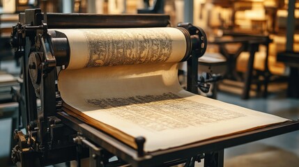 Fototapeta premium Old printing press in a museum, showcasing traditional bookmaking methods.