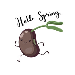 Springs lettering with a picture of cute bean character and the inscription - Happy Spring. For prints on covers, mugs or textile.