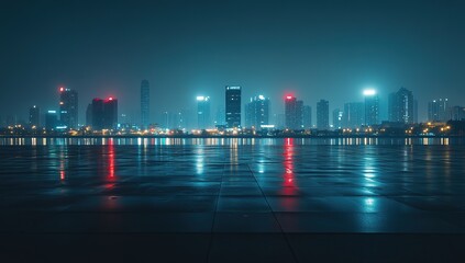 Night Cityscape with Reflections in Wet Pavement