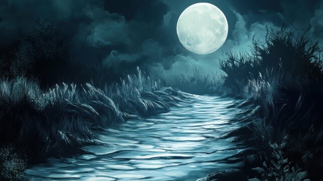 Paisagem noturna com lua cheia e caminho