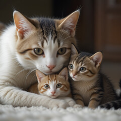 Mom cat (mother cat) and baby cat.