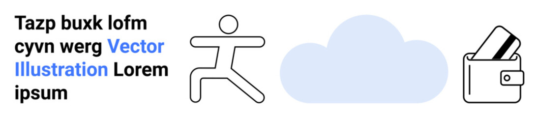 Figure runs toward a blue cloud and wallet with cards. Ideal for concepts in finance, digital savings, online banking, financial mobility, cloud computing, personal savings, fintech. Landing page