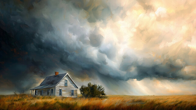 Imminent Tornado Threat with Fragile Wooden House Landscape
