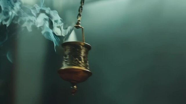 Antique incense burner emitting mystical smoke on teal background. Spiritual ambiance for meditation, aromatherapy, or religious rituals. Atmospheric censer.