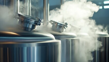 Stainless Steel Brewing Tanks with Steam in Industrial Brewery