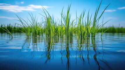 Obraz premium Peaceful wetland landscape with reeds and a mirror-like water surface.