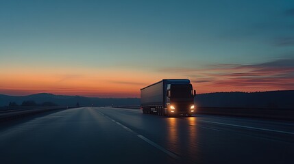 Fototapeta premium Highway Truck at Sunset: Serene Twilight Drive