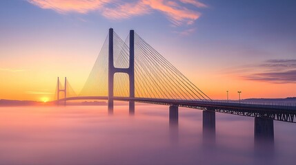 Obraz premium Serene Sunrise Bridge: Misty Pastel Hues and Elegant Structure