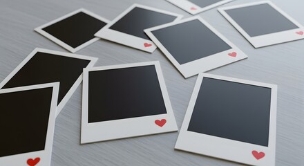 Blank instant photo frames with red hearts scattered on table love cute card grey wood image album