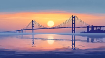 Suspension Bridge Sunset: Serene Silhouette in Pastel Hues