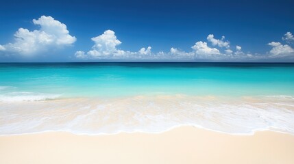 Fototapeta premium Resort beach with soft white sand, calm ocean, and clear blue skies.