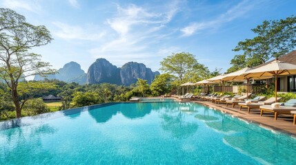 Obraz premium Resort infinity pool with a backdrop of pristine mountains and clear skies.
