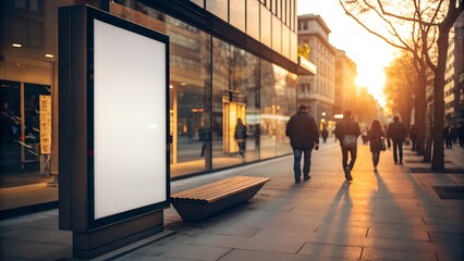 A blank city billboard illuminated by the warm glow of sunset, surrounded by pedestrians and modern buildings. Ideal for advertising mockups, branding, or commercial content placement.