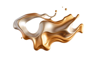 Abstract waves and splashes of liquid gold metal with realistic reflections. Smooth, curved shapes create a fluid and elegant effect. isolated
