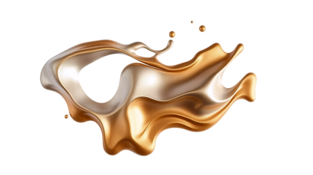 Abstract waves and splashes of liquid gold metal with realistic reflections. Smooth, curved shapes create a fluid and elegant effect. isolated